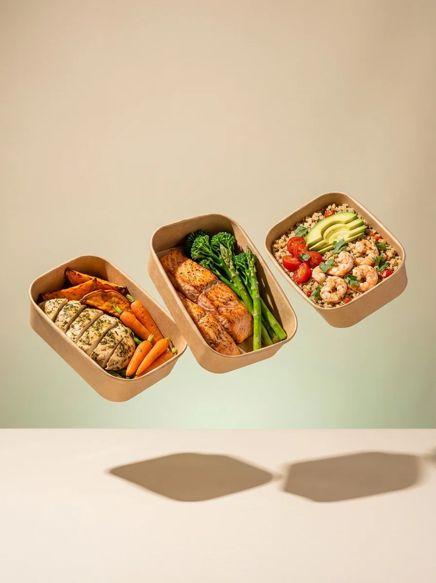 Trois repas MeetMacros dans leurs boîtes de carton : poulet aux herbes avec patate douce et carottes, saumon avec verdures, et crevettes au quinoa